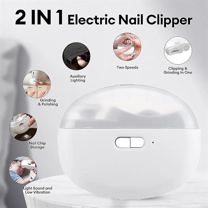 Rechargeable Electric Nail Clipper & Trimmer | 2-in-1 Nail File with Light, 2 Speeds & Safety Design for Kids, Elderly & Caregivers