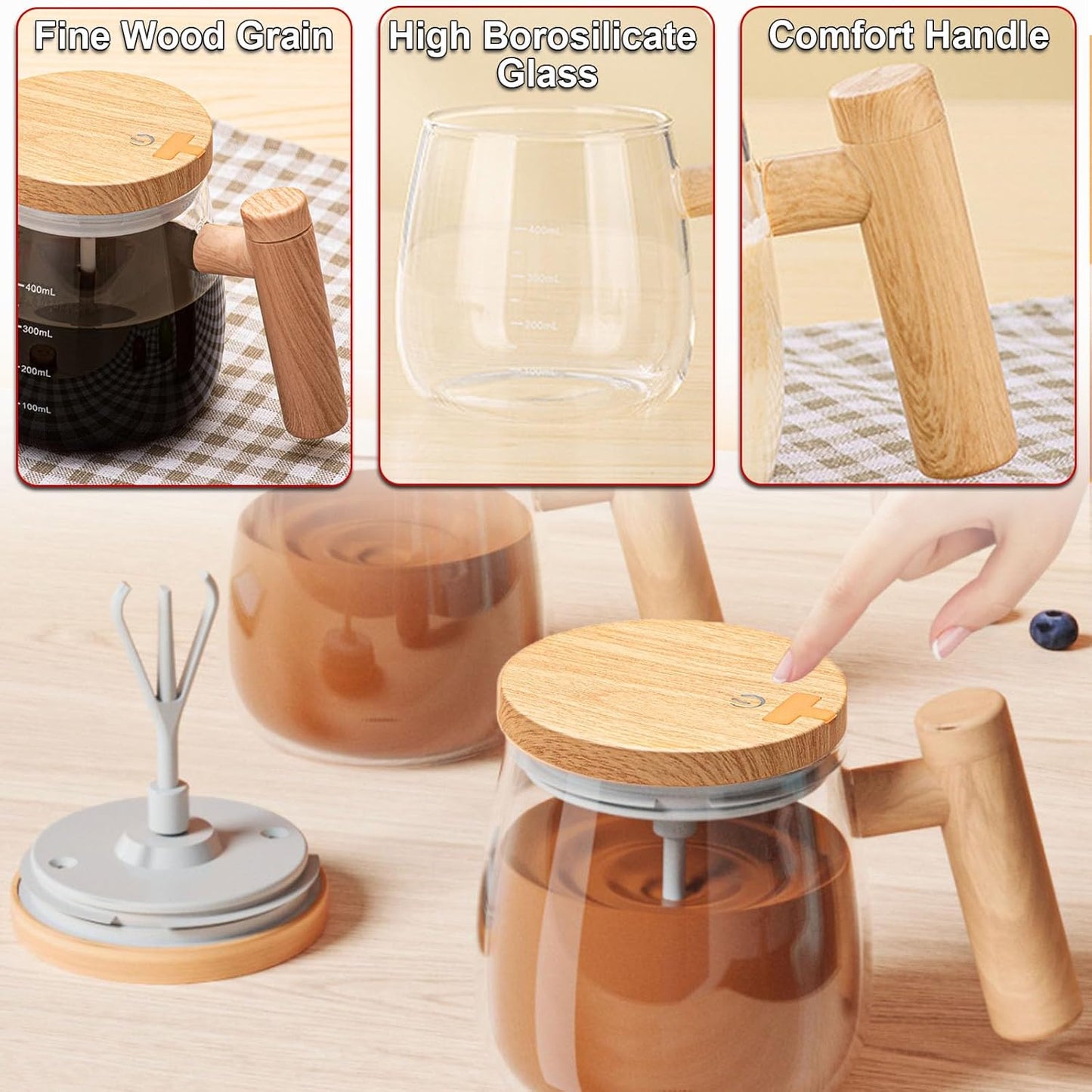 Self-Stirring Electric Mug 400ml | USB Rechargeable High-Speed Mixing Glass Cup for Coffee, Milk & Protein Shakes – Portable for Home, Office & Travel