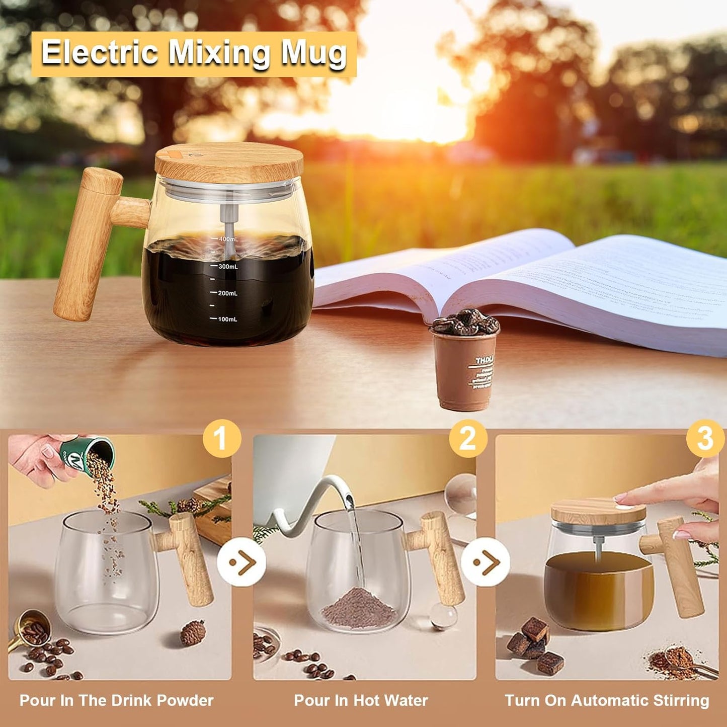 Self-Stirring Electric Mug 400ml | USB Rechargeable High-Speed Mixing Glass Cup for Coffee, Milk & Protein Shakes – Portable for Home, Office & Travel